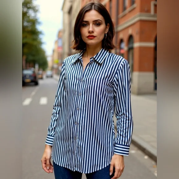 Ralph Lauren/Navy & White Striped Long-sleeve/Button-up/Small/NWT/Gift Ready - Picture 2 of 5